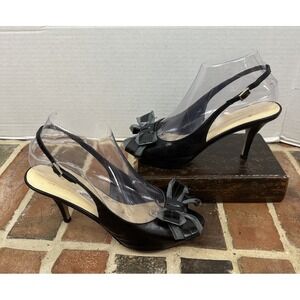 Kate‎ Spade Black Leather Slingback Pumps Bow Peep Toe High Heels Women's 7.5